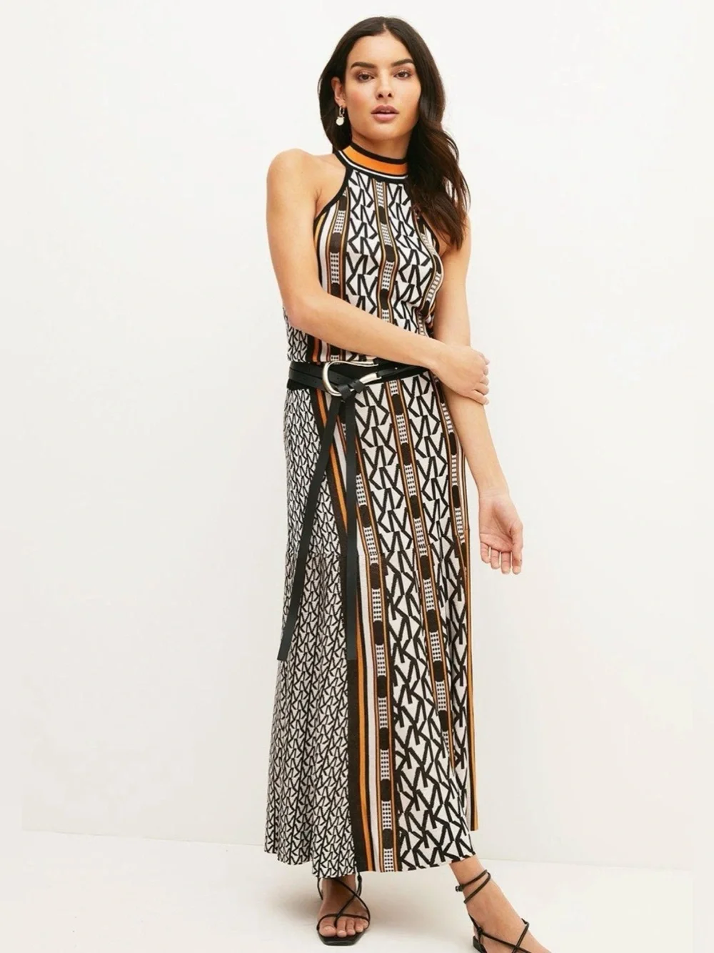 Karen Millen KM Logo Stripe Halter Knit Dress Size Large Orange Black (No Belt)